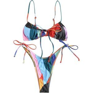 ZAFUL Women’s 2-Piece Bandeau Bikini Set, Ribbed, Lace-Up, High Cut Bathing Suit